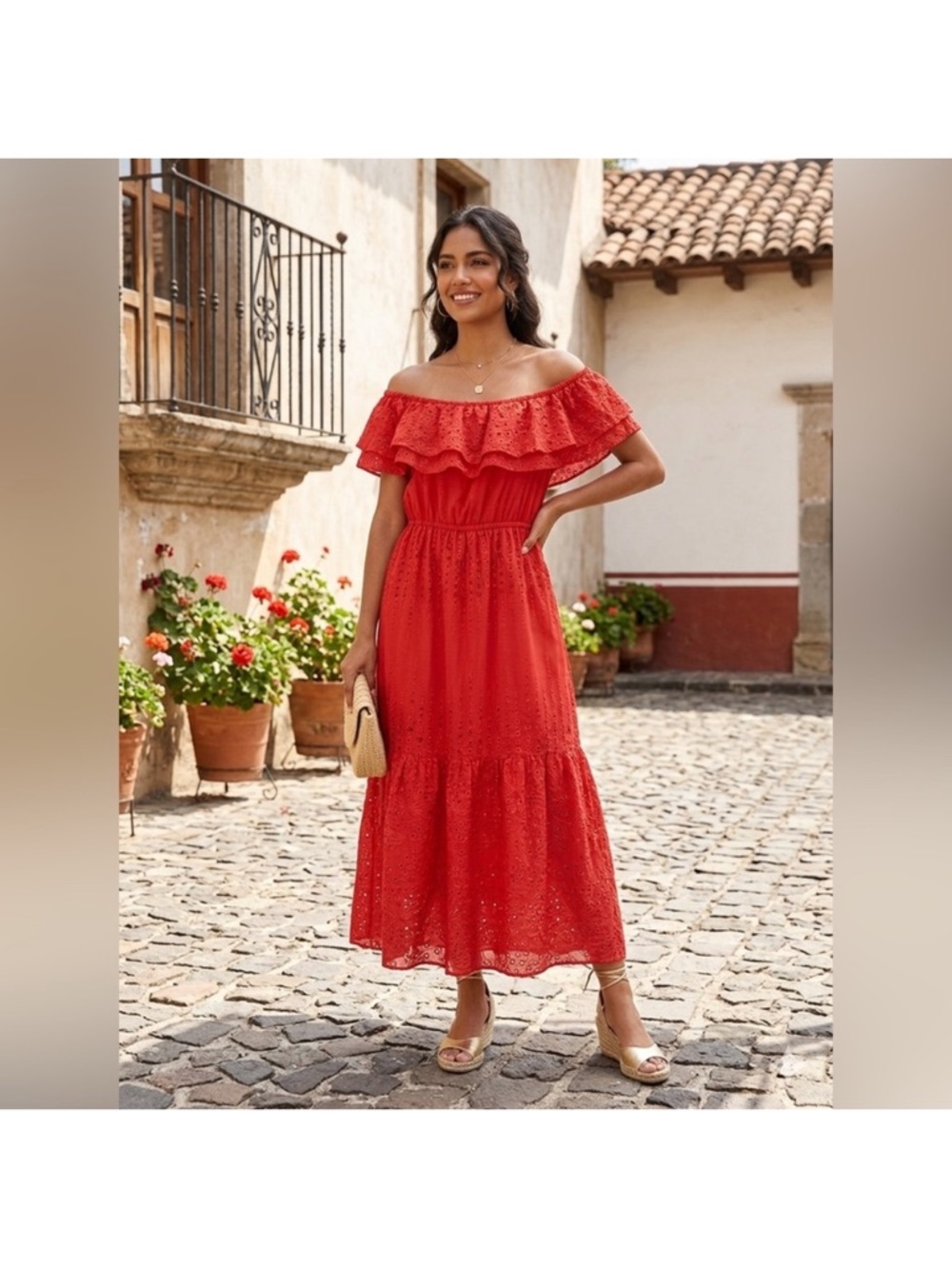 sofia by sofia vergara red off the shoulder eyelet dress